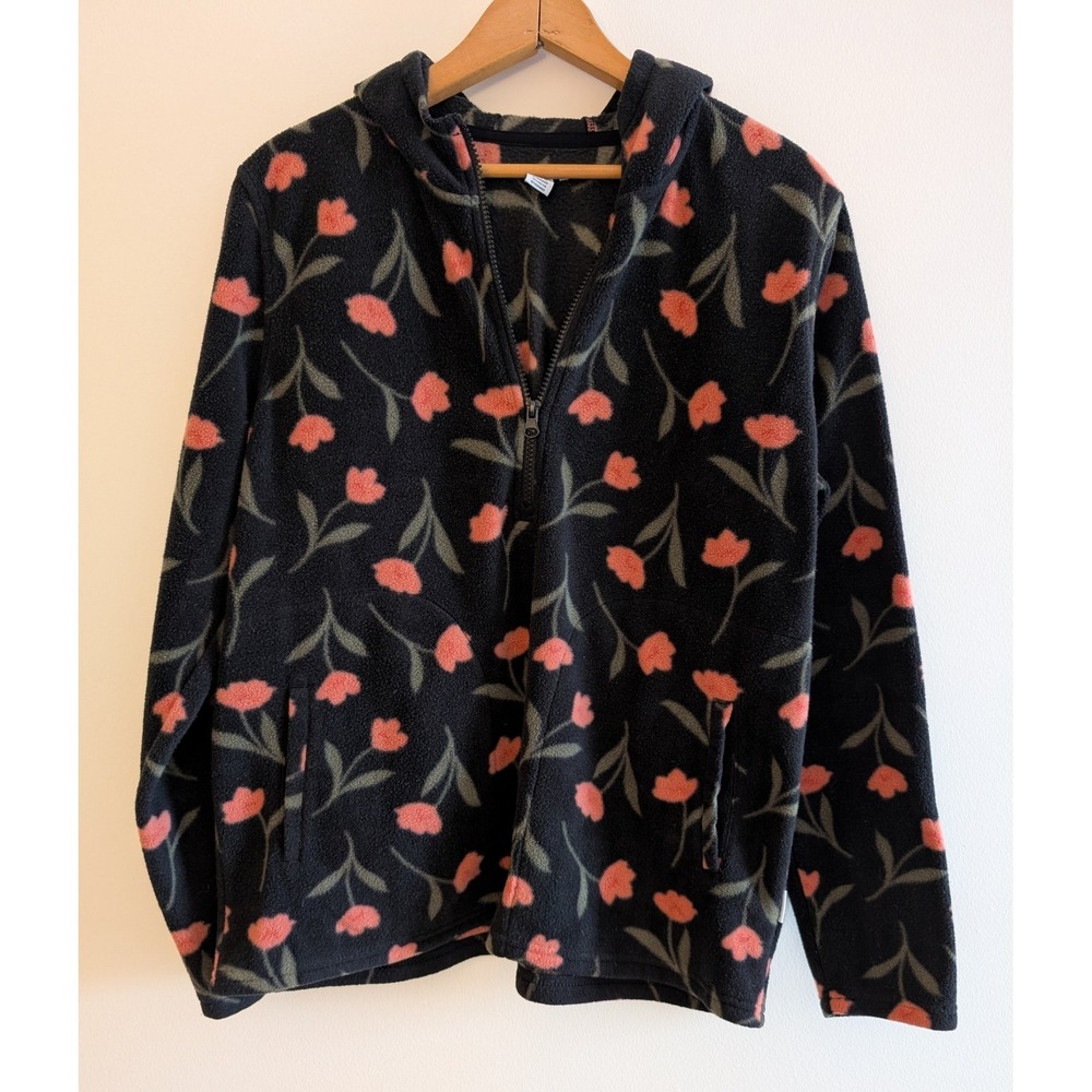 ONeill Womens Floral Fleece Hoodie Black Pink Tulip Half Zip Pullover Medium
